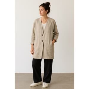 Filosofia Linen Coat Taupe XS Button Minimalist Sustainable Oversized Wabi-Sabi